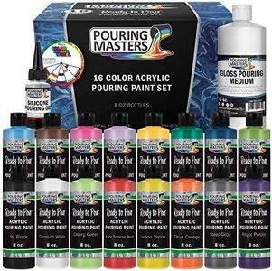 U.S. Art Supply Pouring Masters 16-Color Ready to Pour Acrylic Pouring Paint Set with Silicone Oil & Gloss Medium - Premium Pre-Mixed High Flow 8-Ounce Bottles - For Canvas, Wood, Paper, Crafts, Tile