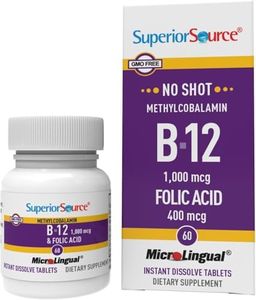 Superior Source No Shot Vitamin B12 Methylcobalamin (1000 mcg), Folic Acid, Quick Dissolve MicroLingual Tablets, 60 Count, Active Form of B12, Increase Energy, Healthy Heart, Boost Metabolism, Non-GMO