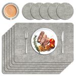 Sarsumir Placemats, Placemats and Coaster Sets 6 Place Mats and 6 Coasters PU Leather Dining Table Mats Washable Heat Resistant Non-Slip for Home Kitchen Restaurant, Light Grey