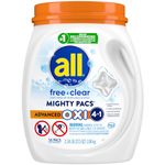 All Mighty Pacs Laundry Detergent With Oxi Stain Removers and Whiteners, Free Clear, Tub, 56 Count