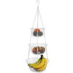 iPstyle 3 Tier Fruit Basket Hanging Vegetable Kitchen Storage Basket, Folding Metal Chain Hanging Space Saving Rustic Country Style Chicken Wire Fruits, Produce, Plants Storage Basket (Silver)