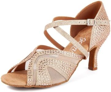 GOKTUR Women's Salsa Latin Dance Shoes with Rhinestones - 3" Heel Apricot