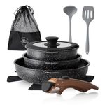 Kitchen Academy Non Stick Cookware Set, 10 Piece Granite-Coated Induction Pots and Pans Set with Detachable Handle, Stackable RV Cooking Set for Camping, Camp, Black