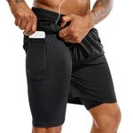 TENJOY Men's 2 in 1 Running Shorts 5" Gym Athletic Quick Dry Workout Shorts for Men with Phone Pockets Black