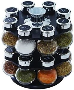 Kamenstein 16 Jar Ellington Revolving Countertop Spice Rack with Lift & Pour Caps and Spices Included, FREE Spice Refills for 5 Years: Black and Chrome