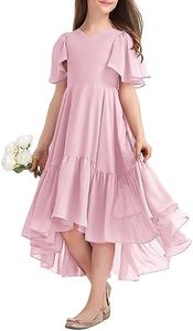 Girls Ruffle Dresses Casual A Line V Neck Short Sleeve Flowy High Low Long Maxi Junior Bridesmaid Party Dress, Pink, 11-12 Years