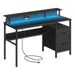 VASAGLE Gaming Desk with LED Lights and Built-In Power Outlets, Computer Desk with Monitor Shelf, Corner Desk, 2 Fabric Drawers, 2 USB Ports, for Home Office, Ebony Black LWD094B01