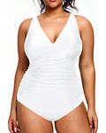 Aqua Eve Women Plus Size One Piece Swimsuits V Neck Tummy Control Bathing Suits Retro Ruched Swimwear, White, 12 Plus
