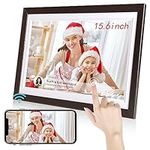 BYYBUO 15.6 Inch WiFi Digital Photo Frame, 1366 x 768 IPS Touchscreen Picture Frame, 32G Walnut brown, Motion Sensor Auto-Rotation, Share Photos or Videos via the Frameo App