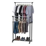 IRIS USA Portable Double-Rod Height Adjustable Clothes Rack with Lockable Wheels, Rolling Garment, Double Rod Wardrobe Rack, Easy Assemble, for Clothes, Belts, Shoes, and Bags