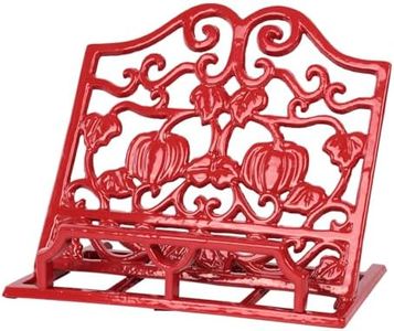 MINLUFUL Vintage Cookbook Stand, Robust Wrought Cast Iron Recipe Book Holder for Kitchen Counter, Large Metal Cook Book Stand with Pumpkin Design, Red
