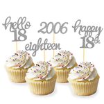 24 Pcs Glitter 18th Birthday Cupcake Toppers for Celebrating 18th Birthday Party Decorations for Eighteen Years Old Birthday Party Supplies (Silver)