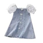 Babies Party Light Graceful Dresses Toddler Kids Baby Girls Puff Sleeve Lace Mesh Dress Girl Denim Dresses Sundress Dresses (Blue, 3-4 Years)