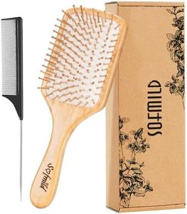 Hair Brush-Natural Wooden Bamboo Brush and Detangle Tail Comb Instead of Brush Cleaner Tool, Paddle Hairbrush for Women Men and Kids Make Thin Long Curly Hair Health and Massage Scalp