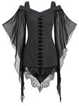 FEOYA Women’s Gothic Shirts Dress Medieval Patchwork Dress Mesh Butterfly Sleeve Strappy Shirts Costume Renaissance Outfit