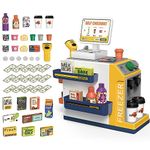 deAO Toy Kitchen, 2-in-1 Kids Supermarket Toy and Coffee Machine Play Set, 45 Pieces with Play Money, Shop Accessories, Shopping Cash Register with Scanner and Sound, Playset for Children from 3 Years