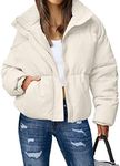 MEROKEETY Women's Oversized Long Sleeve Puffy Jacket Zip Up Stand Collar Short Coat Outerwear, Beige, S