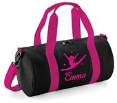 beyondsome Personalised Gymnastics Dance Bag Girls Pink Barrel Ballet Dancing Gym Kit Gift, Black and Fuchsia Pink/Fuchsia Pink Print