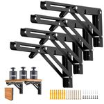 4 Pcs Folding Shelf Brackets, 10 Inch Shelf Brackets Heavy Duty Collapsible Triangle Stainless Steel L Brackets for Wood Shelves, Max. Load 300 lb, DIY Wall Mounted Space Saving for Bench Table, Black