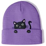 Womens Cat Beanie Cute Cat Lover Gifts Animal Knitted Hats for Women Girls Purple