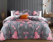 Hafaa Duvet Cover Sets Brushed Microfiber Bedding Double Bed Set Ultra Soft Reversible Quilt Covers Duvet Set with Pillowcases Fade and Wrinkle Resistant (Grey Bouquet)