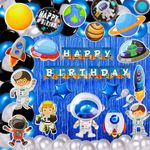 FI - FLICK IN 88 pcs Space Theme Birthday Decoration Kit Curtain Planet Astronaut Foil Balloon Garland Rocket Cutouts Cake Topper Props Happy Birthday Space Theme Set (Pack of 88, Multicolor)