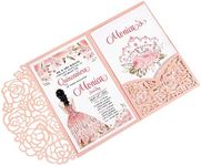 DreamBuilt 4.7 x7 inch 50PCS Blank Pink Quinceanera Invitations Kit Laser Cut Hollow Rose Pocket Quinceanera Invitation Cards with Envelopes for Bridal Shower Quincenera Birthday Invite