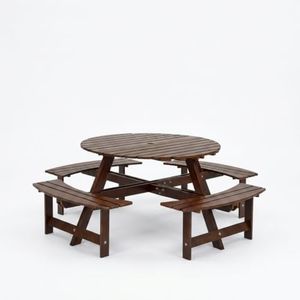 Sornyix 8 Person Round Picnic Table with Benches, Wooden Outdoor Table with Umbrella Hole, Weather-Resistant Fir Wood Bench Set