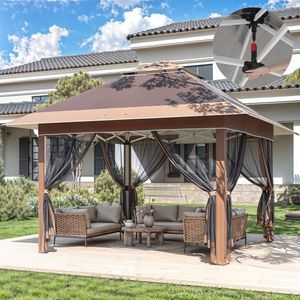 Devoko Pavillon 3.28x3.28 Wasserdicht Stabil Pop up Pavillon, Höhenverstellbar Faltpavillon mit Moskitonetz, Gartenpavillon mit Tragetasche Auf Rädern, Gartenzelt für Hinterhof,Rasen,Gazebo Braun