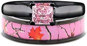 Pink Women`s Black Titanium Camo and Stainless Steel Princess Engagement Wedding Rings Set (9)