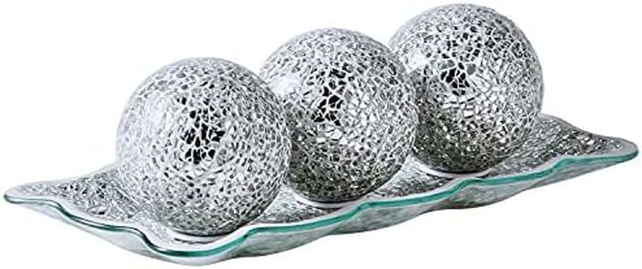 KMwares 12.4” Mosaic Glass Decorative Tray Dish Plate with 3pcs 3" Decorative Orbs Balls Sphere Decor for Living Room or Dining Table Coffee Table Mantle Decor Centerpiece (Silver)