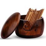 Wooden Yarn Bowl with Lid Handmade Yarn Bowl Holder with 12 Pieces Bamboo Crochet Hooks for Crocheting Knitting Accessories DIY Crafts Gift for Women (Pine Wood)