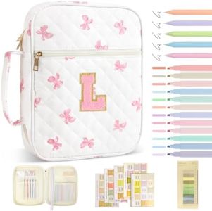 Personalized Initial Bible Cover Case for Women Girls Kid - Large Quilted Bible Case with Handle,Chenille Letter Bag Study Supplies,Christmas Gifts for Christians Birthday Graduation(Pink Bow-L)