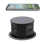 Pop up Socket with 15W Wireless Charger,65W USB C Charging Station,4 Way Outlets,4.7'' Hole Pop Up Outlet for Kitchen Worktops,Black