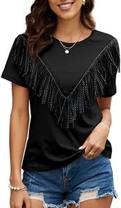 PESION Womens Funny 80s 90s Shirts Short Sleeve T-Shirt Fringe Trim Tops Tees Blouse, Black, 4X-Large