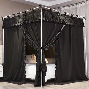 NXGIO Ruffle Lace up 4 Corners Post Princess Curtain Bed Canopy Cozy Breathable Mosquito Net Cloth for Girls Adults Bedroom Decoration (Black, 59" W*82" L*82" H/Queen)