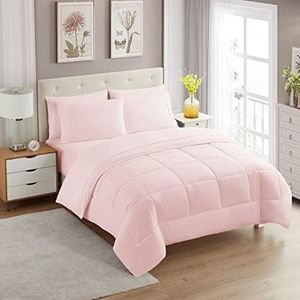 Sweet Home Collection 7 Piece Comforter Set Bag Solid Color All Season Soft Down Alternative Blanket & Luxurious Microfiber Bed Sheets, Pale Pink, Full