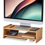 HUVIBE Monitor Stand, 2 Tiers Bamboo Monitor Riser with Adjustable Height, Computer Stand for Laptop, PC, Cellphone & Keyboard, Versatile as Printer Stand, Desktop Organizer -Burlywood