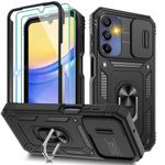 Pilaru 3 in 1 for Samsung A15 Phone Case with 2 Screen Protector & Kickstand Ring & Camera Cover Military Grade Drop Shockproof Protection【360 Full Body】 Phone Case for Samsung Galaxy A15,Black