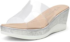 Jeossy Women's Sandals Clear Platform Peep Toe Wedge High Heel Slip On Shoes Size 8.5(DJY825 Clear 08.5)