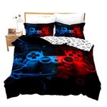 Teens Gamer Duvet Cover Full Size,Boys Game Joysticks Bedding Set,Child Gaming Console Comforter Cover,Kids Gampad Video Games Bedspreads Cover,Old Retro Game Machine Bedroom Decor Red Blue