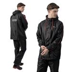 Lifelong Men's Raincoat Set | Waterproof Polyester Double-Coated Reversible Rain Suit | Hooded Jacket with Inner Mobile Pocket & Pants | Standard Length for Hiking, Camping L Black With Red Stripe