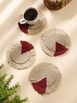 My Creative Hut Macrame Set of 6 Round Coasters Bohemian Style, Handmade, More Absorbent, Traditional, Diwali Gifting, Multipurpose, Big Size (Beige-Wine)