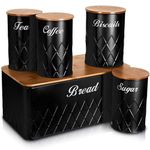 NTEK 5pc Kitchen Storage Bamboo Lid Set Includes Tea, Coffee, Sugar, Bread and Biscuit Barrel Canister Jar & Stylish Bread Bin - Diamond Embossed Design Matt Finish (BLACK)