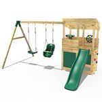 Rebo® Wooden Lookout Tower Playhouse with 6ft Slide with Swings - Zion | OutdoorToys | Pressure Treated Timber, Baby Swing, Secret Den, Climbing Wall, either Binoculars or Telescope & Steering Wheel