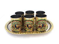 Dhavl Stain Less Steel Handicrafts Glass Indian Hand Made Meenakari Work Peacock Design Golden Color Diwali Christmas Tumbler Gift Set Item (Golden Glass with Tray) Set of 6