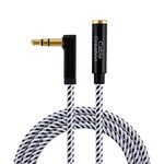 CableCreation 15 Feet 3.5mm Male to Female Extension Stereo Audio Extension Cable Adapter, 90 Degree Right Angle Aux Cable, Black and White