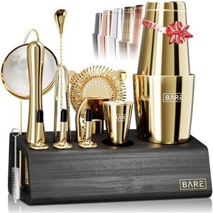 BARE BARREL® Cocktail Making Kit | 14-Piece Bartender Kit Cocktail Shaker Set Maker | Bamboo Display Stand & 35 Recipe Cards | Mixology Cocktail Gift Set (800ml/28oz Boston Shaker, Gold/Black)
