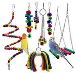 Bird Parrot Toys, 7 Packs Bird Swing Chewing Hanging Perches with Bells for Pet Parrot Lovebird Howl Budgie Cockatiels Macaws Finches and Other Small Medium Lorikeets Birds