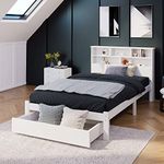 Merax Single Bed Frames with Headboard Bookshelves, 5 Storage Compartments, Wooden Bed Frame with Underbed Drawer, 3FT Single Bed with Storage, White, 90x190cm